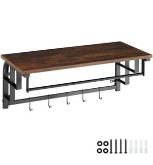 Coat Rack - wall mounted, storage shelf, hanging rail, 5 hooks - Industrial wood dark, rustic