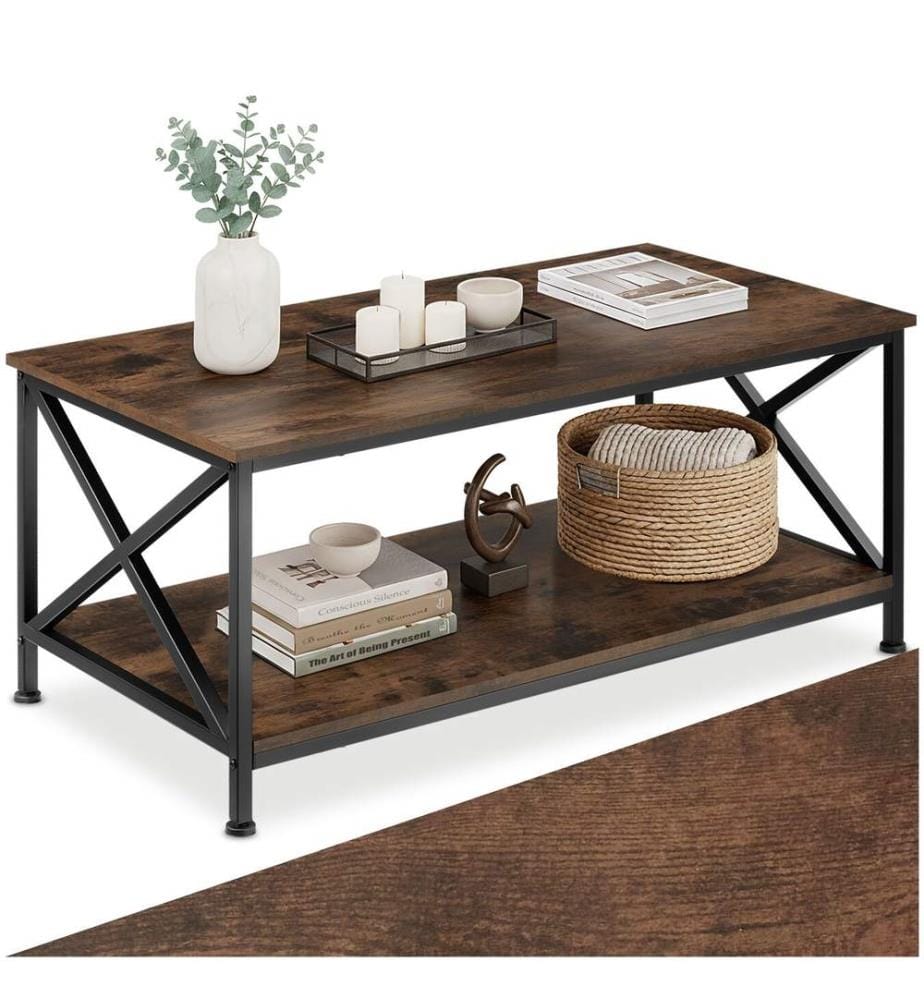 Coffee Table Pittsburgh - rectangular, with storage shelf - Industrial wood dark, rustic