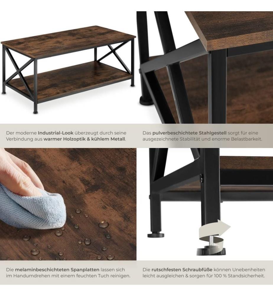 Coffee Table Pittsburgh - rectangular, with storage shelf - Industrial wood dark, rustic