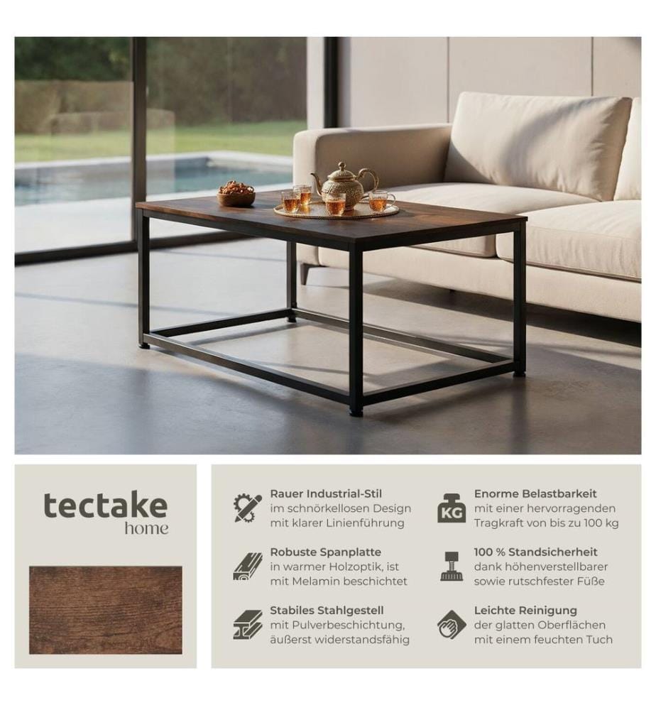 Coffee Table Lynch - rectangular with height-adjustable plastic feet - Industrial wood dark, rustic
