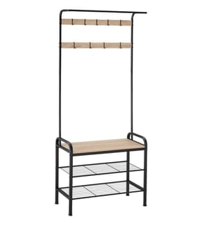 Coat Stand - shoe rack, seat, 2 shelves and 9 coat hooks - 735x36x184 cm, industrial wood light, oak Sonoma