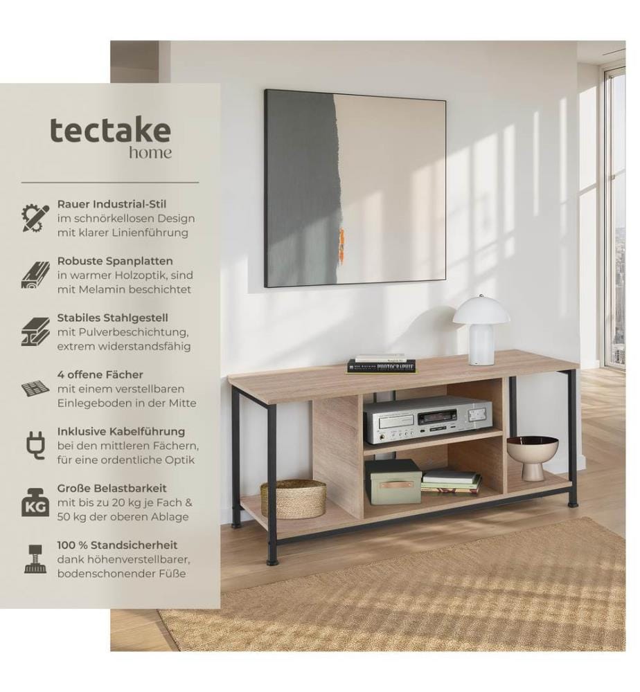 Meuble bas avec quatre compartiments ouverts et une étagère variable - 110 cm, Bois clair industriel, Chêne Sonoma