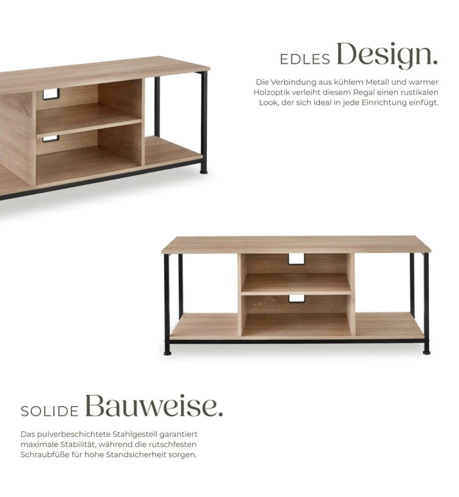 Meuble bas avec quatre compartiments ouverts et une étagère variable - 120 cm, Bois clair industriel, Chêne Sonoma
