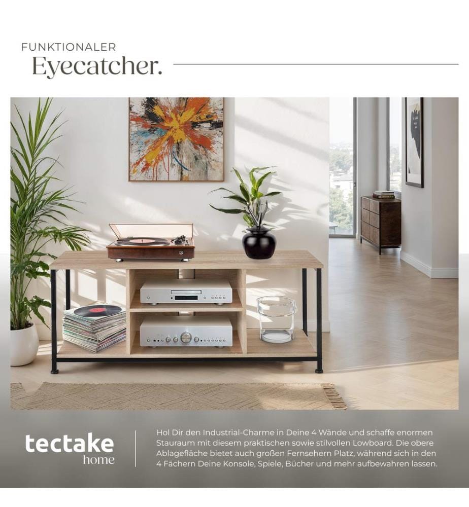 Meuble bas avec quatre compartiments ouverts et une étagère variable - 120 cm, Bois clair industriel, Chêne Sonoma