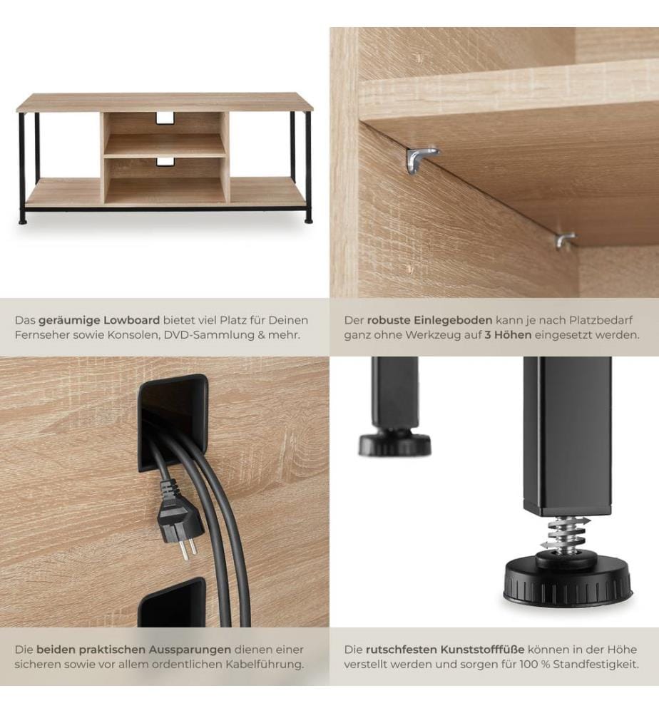 Meuble bas avec quatre compartiments ouverts et une étagère variable - 120 cm, Bois clair industriel, Chêne Sonoma