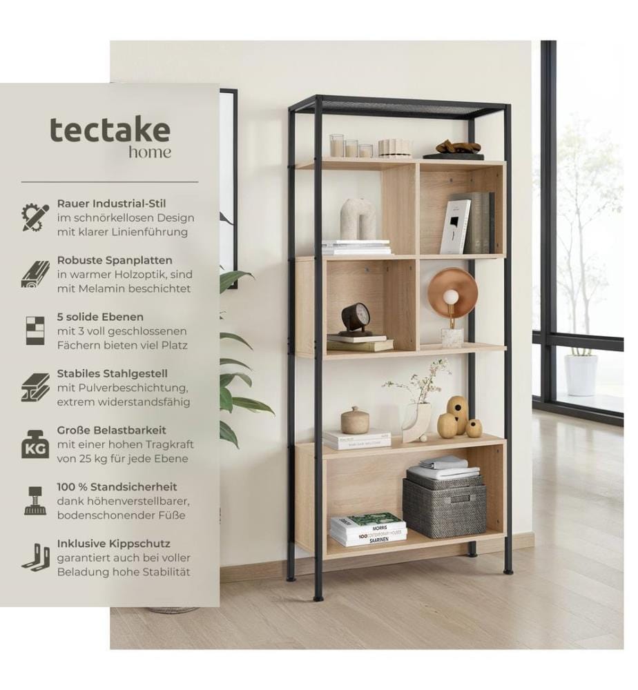 Free standing shelf Hastings - with 5 tiers & 3 storage compartments - industrial wood light, oak Sonoma