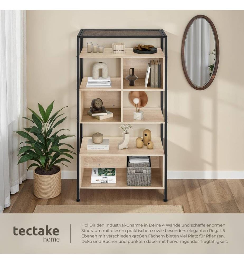 Free standing shelf Hastings - with 5 tiers & 3 storage compartments - industrial wood light, oak Sonoma