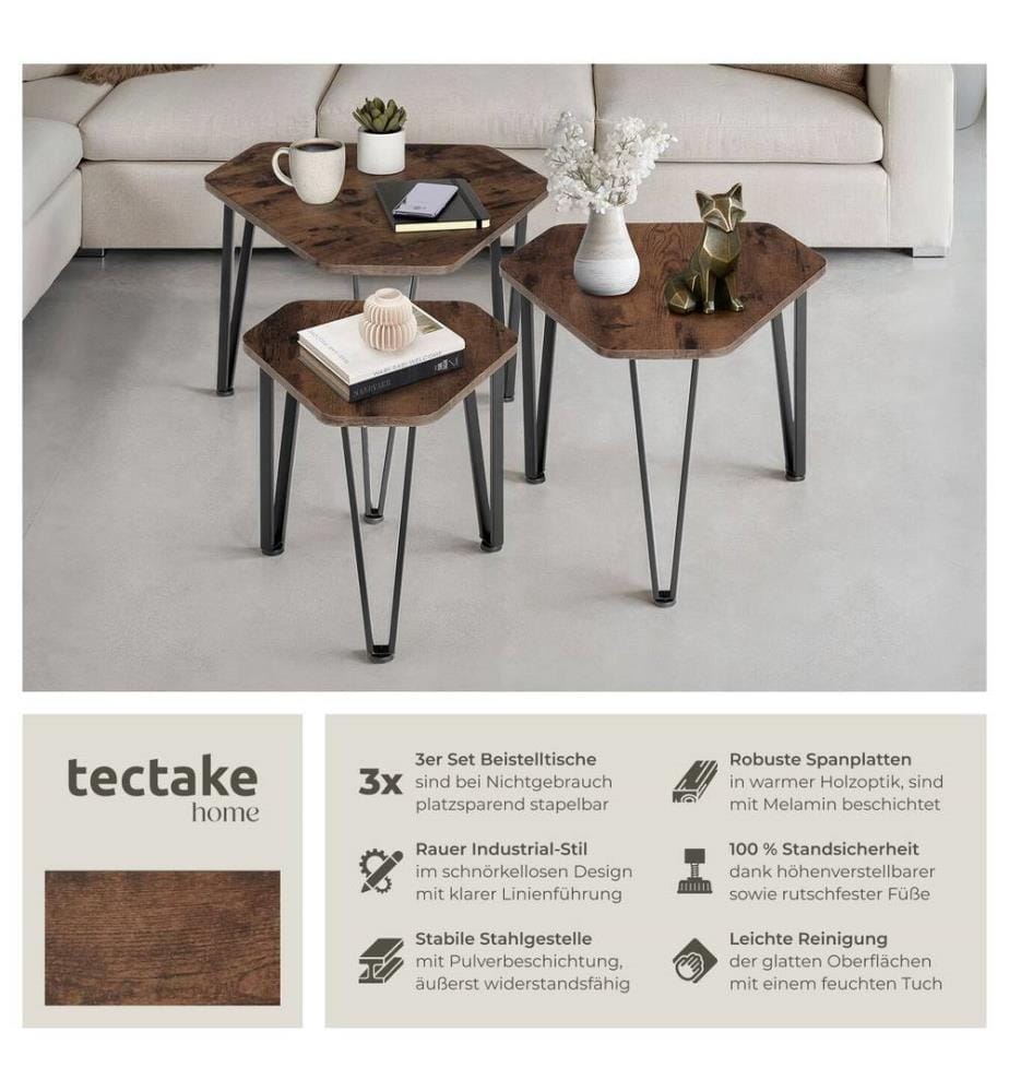 Beistelltisch-Set Torquay - Industrial Holz dunkel, rustikal