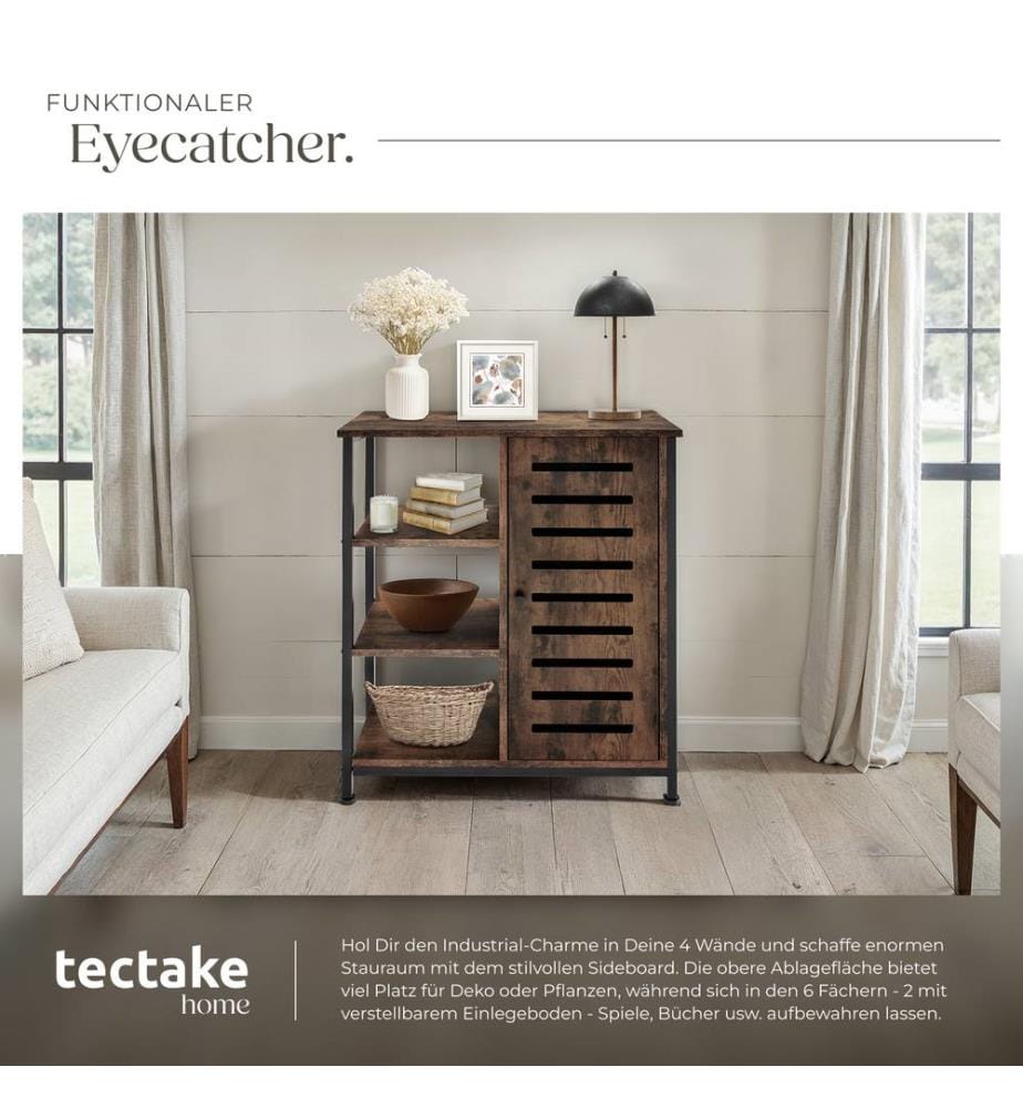 Sideboard - surface top, 3 open shelves, 1 cabinet with adjustable shelves - Industrial wood dark, rustic, Door hinge on the right