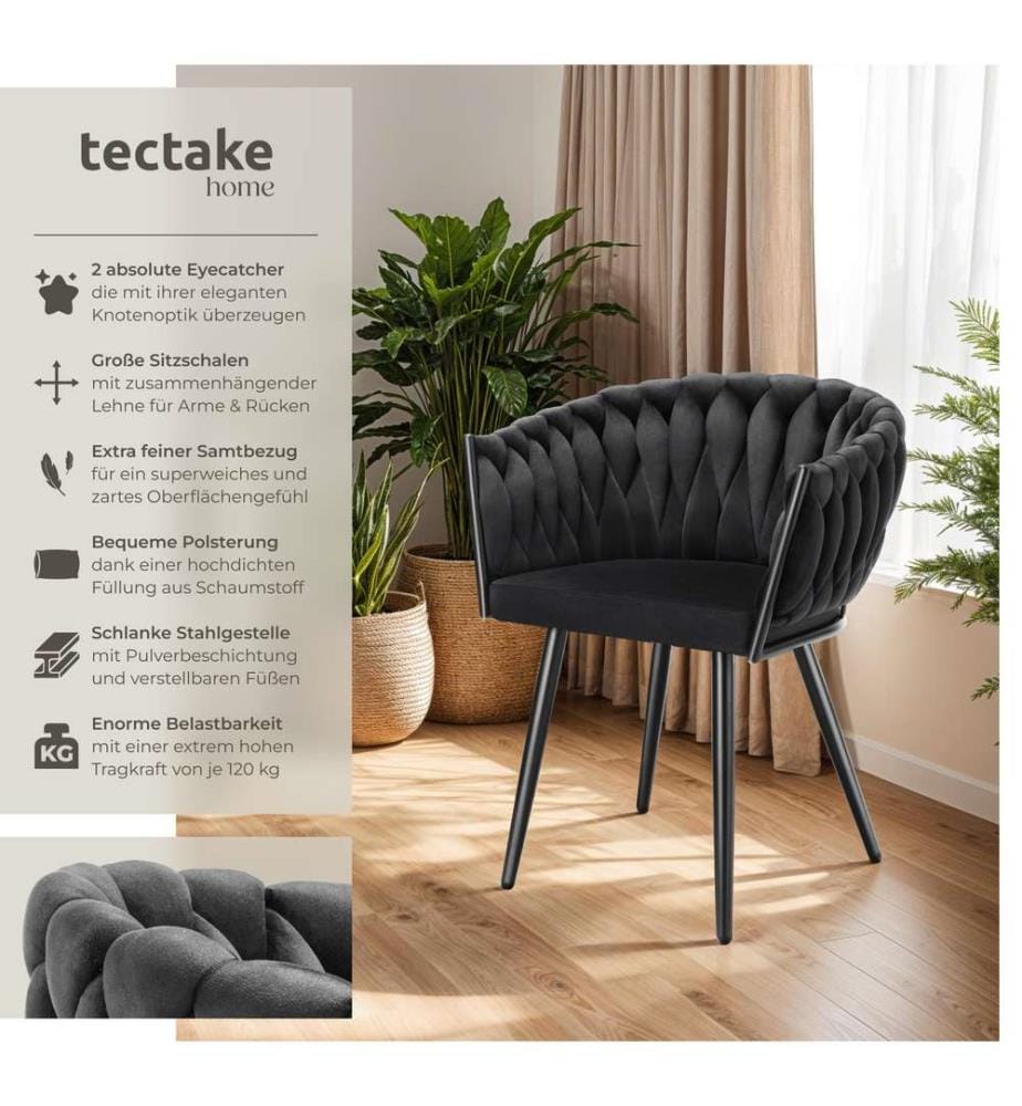 Dining Chair Astano - padded, velvet, knot design, continuous backrest - black, Set of 2