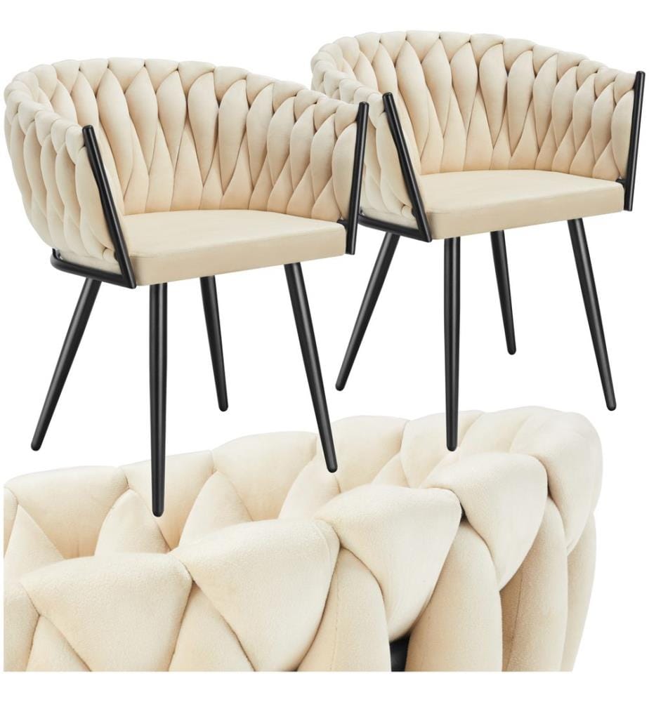 Dining Chair Astano - padded, velvet, knot design, continuous backrest - sand, Set of 2