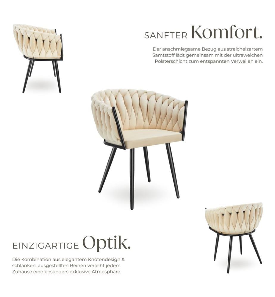Dining Chair Astano - padded, velvet, knot design, continuous backrest - sand, Set of 2