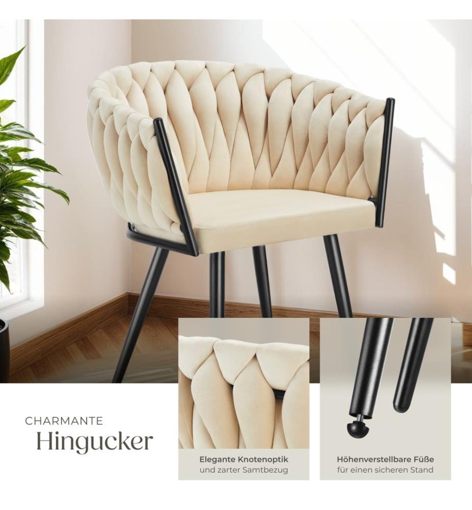 Dining Chair Astano - padded, velvet, knot design, continuous backrest - sand, Set of 2