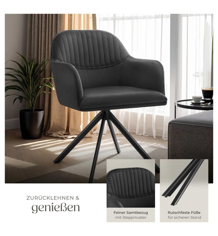Lounge Armchair Living Room Accent Chair 360 Swivel Slim Steel Legs Velvet Fabric - blackblack, per piece