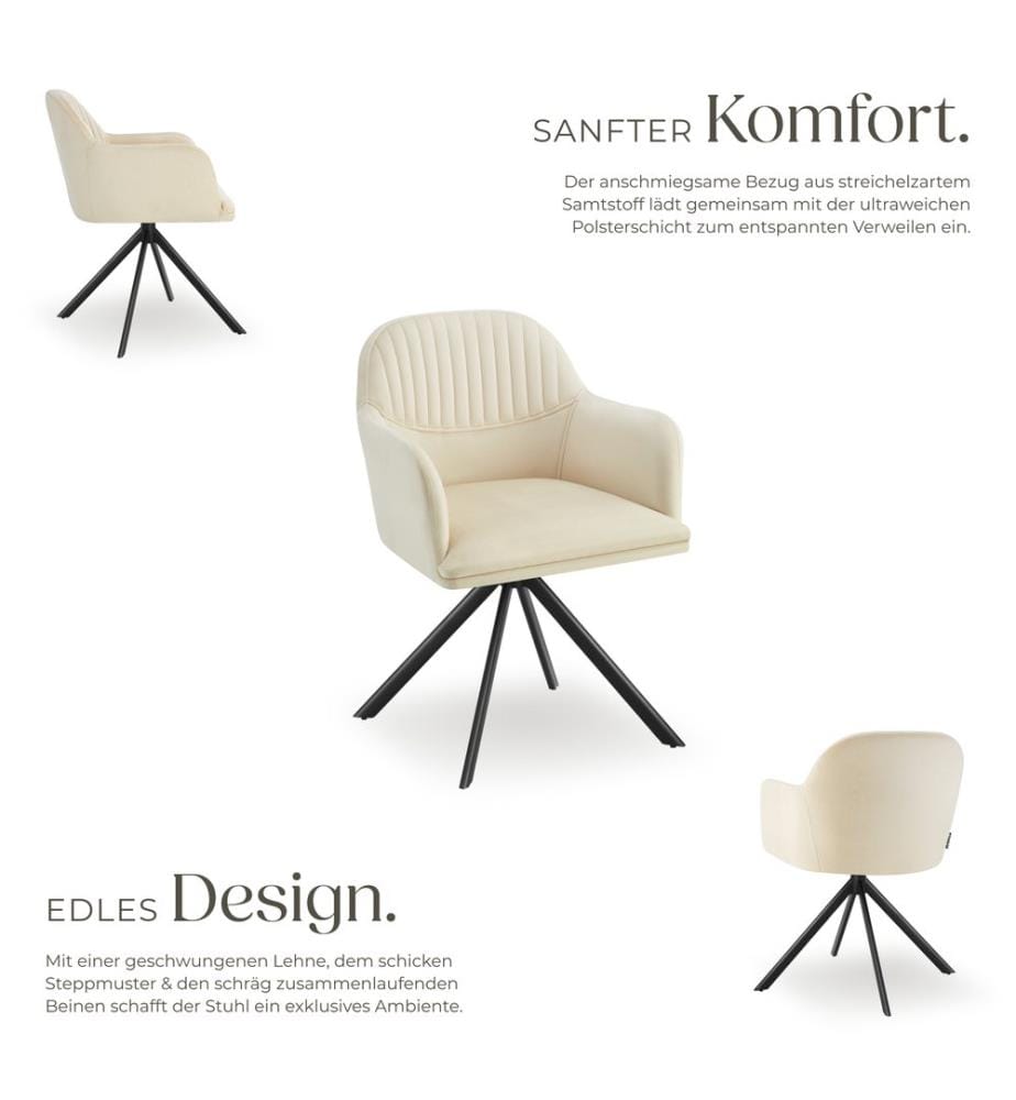 Lounge Armchair Living Room Accent Chair 360 Swivel Slim Steel Legs Velvet Fabric - creamblack, per piece