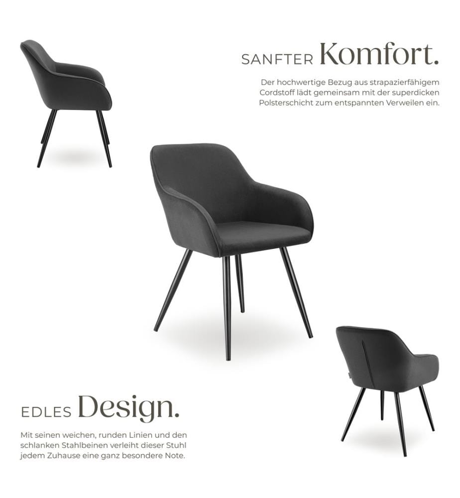 Dining Chair Marilyn - corduroy look, upholstered, armchair, continuous backrest - anthraciteblack, Set of 2