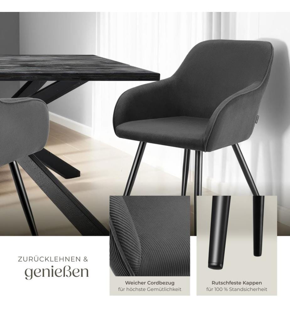 Dining Chair Marilyn - corduroy look, upholstered, armchair, continuous backrest - anthraciteblack, Set of 2