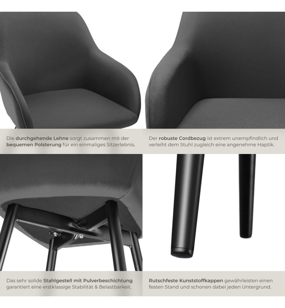 Dining Chair Marilyn - corduroy look, upholstered, armchair, continuous backrest - anthraciteblack, Set of 2