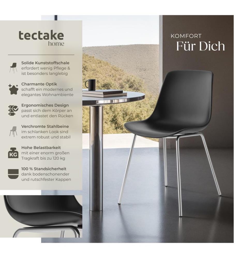 Dining Chair Mave - large plastic seat, ergonomic, high backrest, 120 kg load capacity - blackchrome, Set of 2