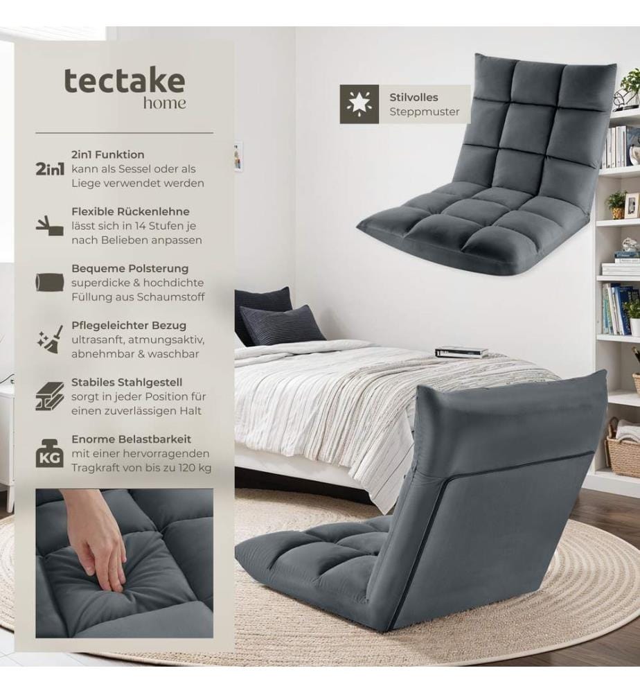 Relaxsessel Snooze, 2 in 1, Samt, 14-fach verstellbar - grau