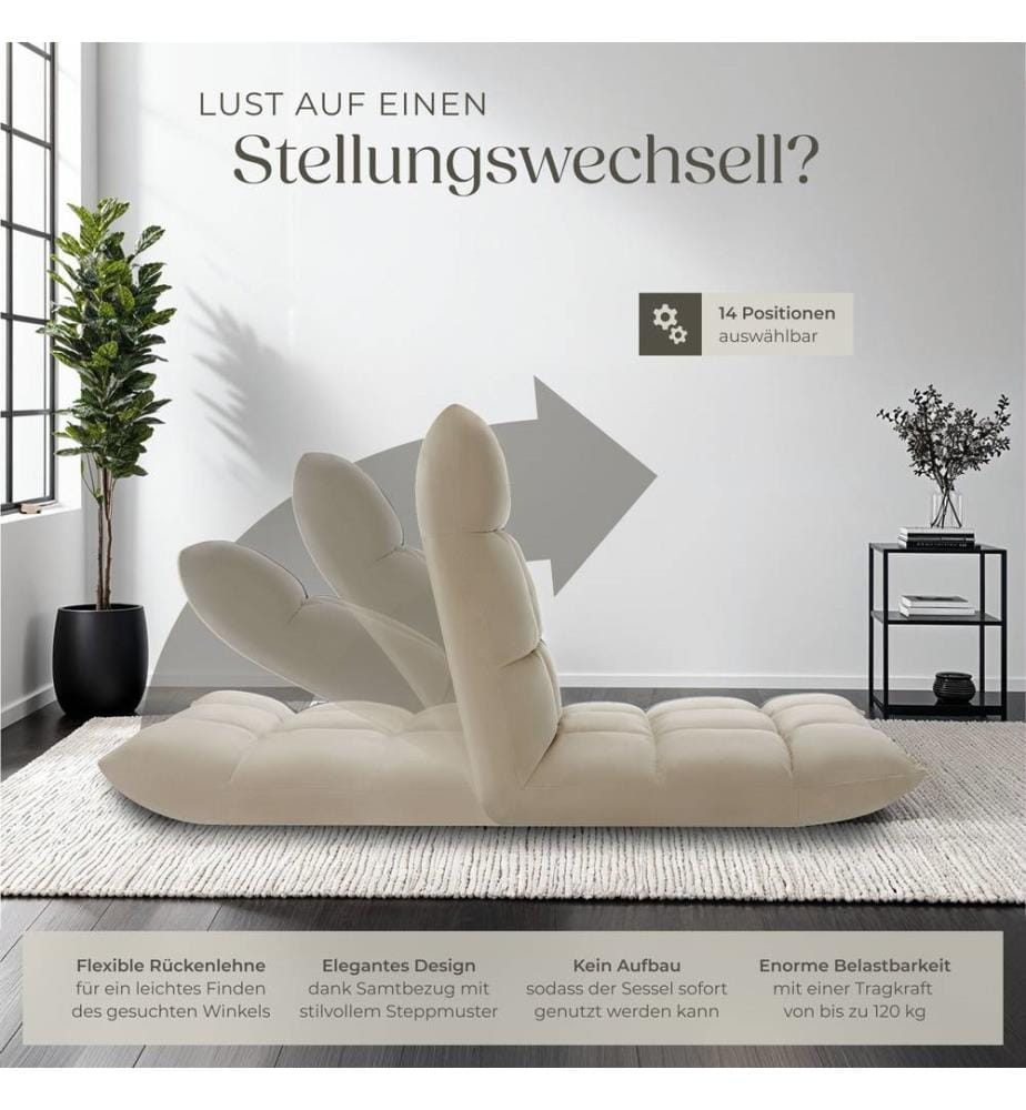 Fauteuil relax Snooze, 2 en 1, velours, réglable en 14 positions - beige