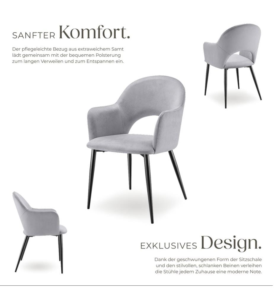 Dining Chair Sasha- padded armchair in velvet look, continuous backrest - light grey, Set of 2