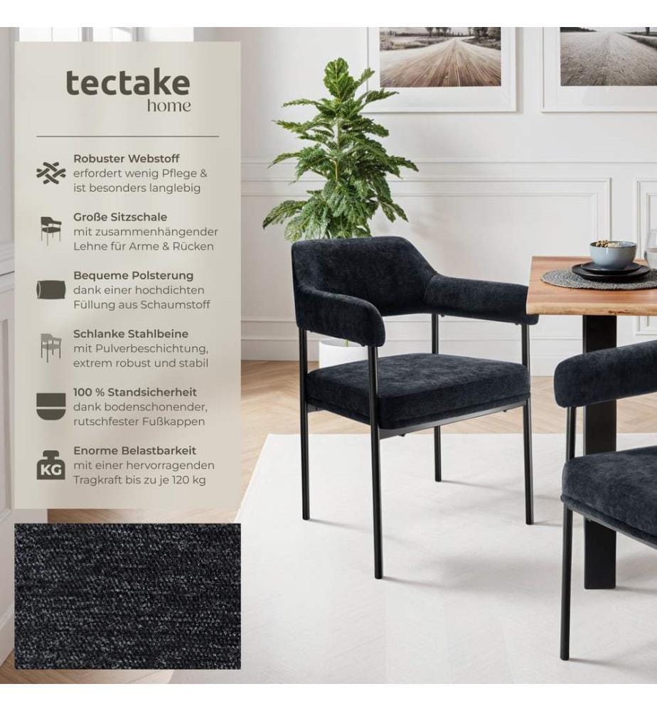Armchair Doé - durable fabric, black powder-coated legs, 120 kg load, 58 x 62 x 85 cm - Woven fabric blackblack, Set of 4