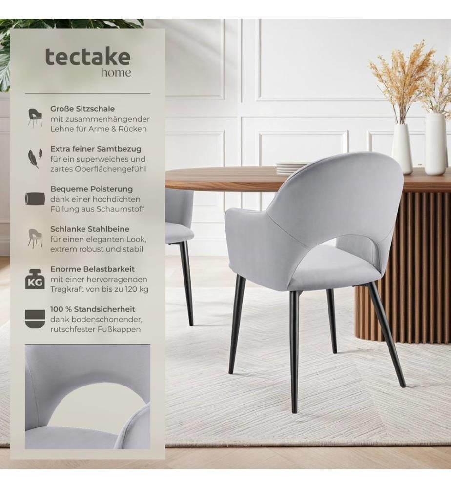 Dining Chair Sasha- padded armchair in velvet look, continuous backrest - light grey, Set of 4