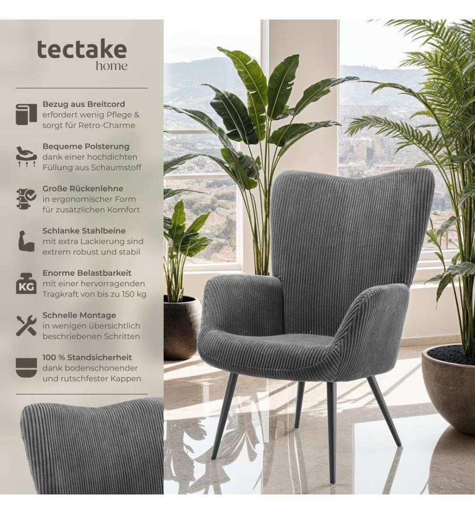 Sessel Hygge gepolstert, ergonomisch, Belastbarkeit 150 kg - ohne Hocker, Breitcord anthrazitschwarz