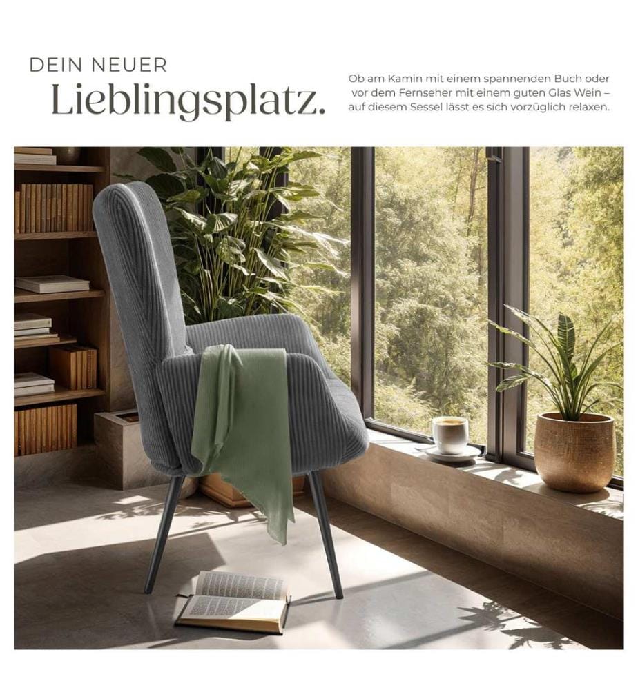 Sessel Hygge gepolstert, ergonomisch, Belastbarkeit 150 kg - ohne Hocker, Breitcord anthrazitschwarz