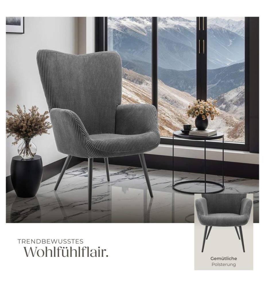 Sessel Hygge gepolstert, ergonomisch, Belastbarkeit 150 kg - ohne Hocker, Breitcord anthrazitschwarz