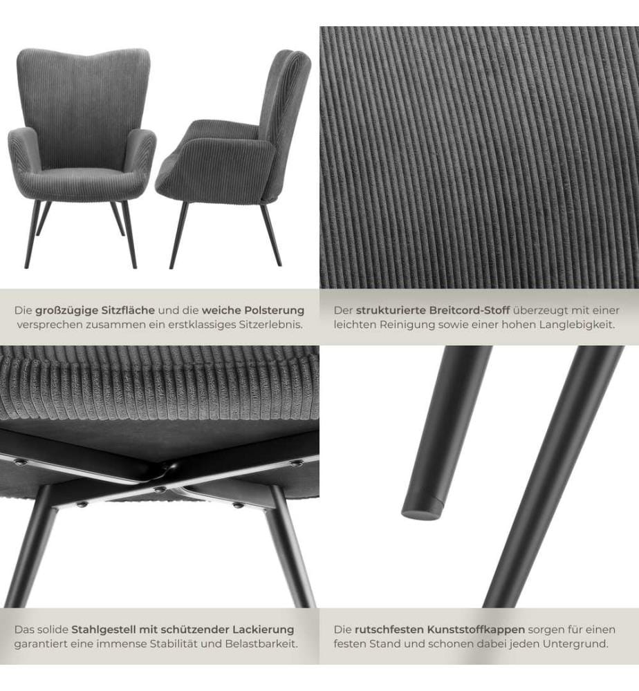 Sessel Hygge gepolstert, ergonomisch, Belastbarkeit 150 kg - ohne Hocker, Breitcord anthrazitschwarz