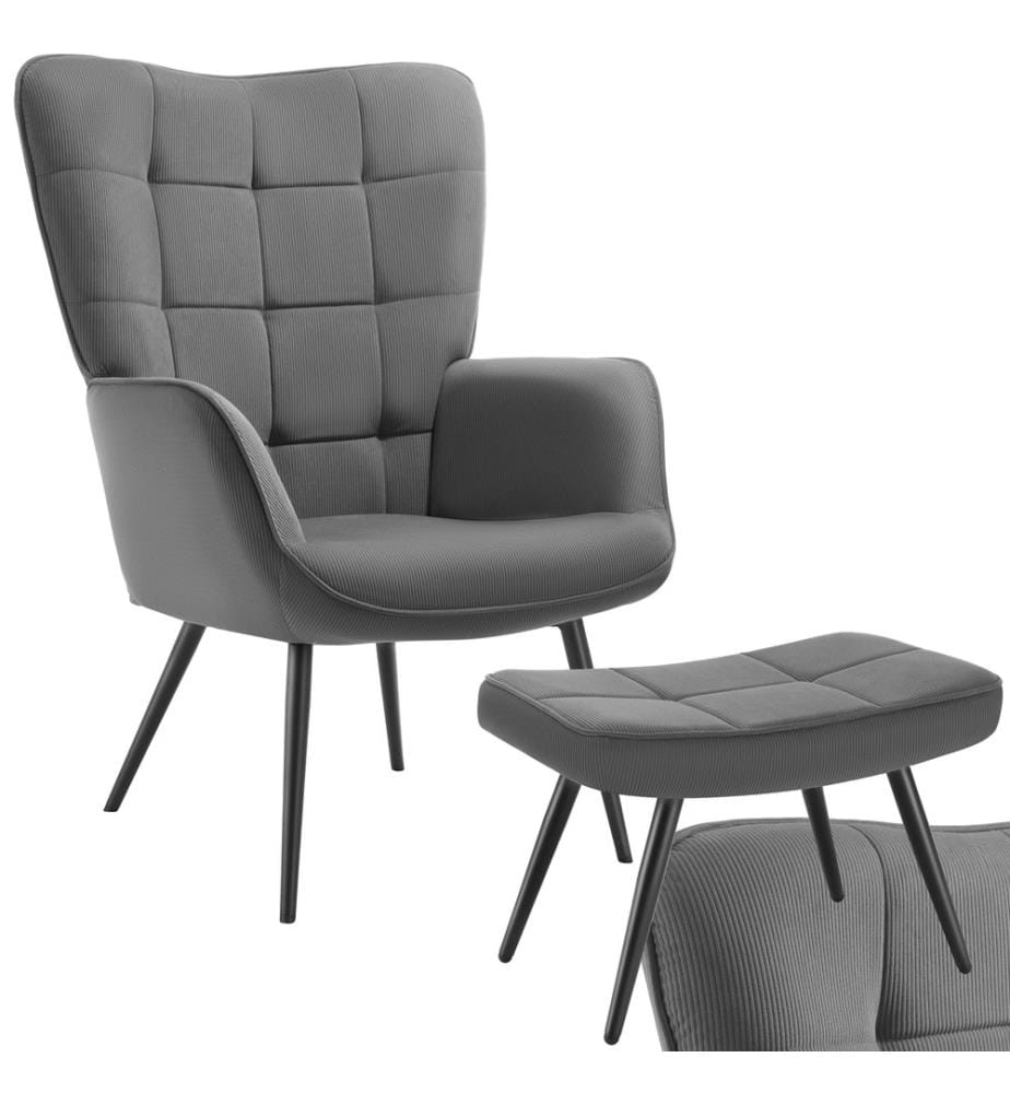 Sessel Hygge gepolstert, ergonomisch, Belastbarkeit 150 kg - mit Hocker, Feincord anthrazitschwarz
