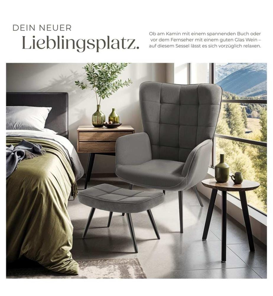 Sessel Hygge gepolstert, ergonomisch, Belastbarkeit 150 kg - mit Hocker, Feincord anthrazitschwarz