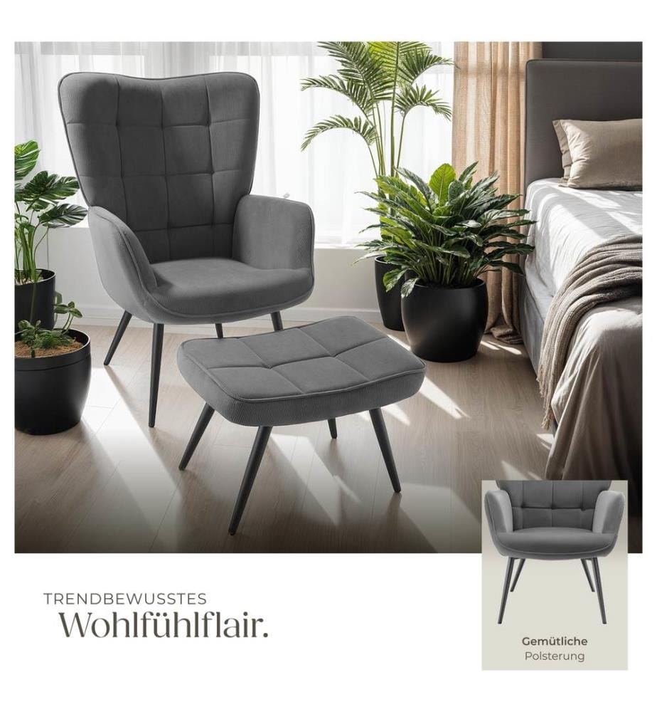 Sessel Hygge gepolstert, ergonomisch, Belastbarkeit 150 kg - mit Hocker, Feincord anthrazitschwarz