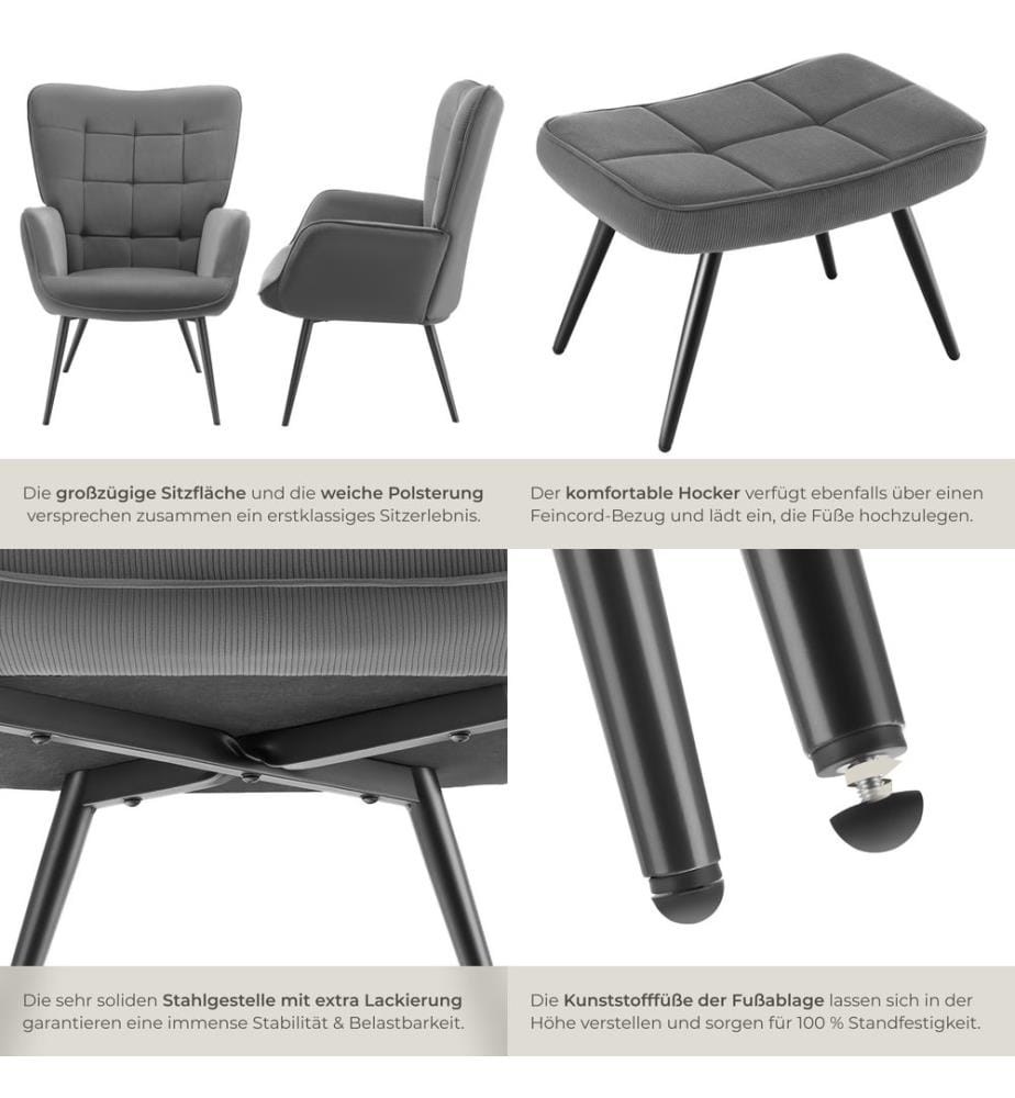 Sessel Hygge gepolstert, ergonomisch, Belastbarkeit 150 kg - mit Hocker, Feincord anthrazitschwarz