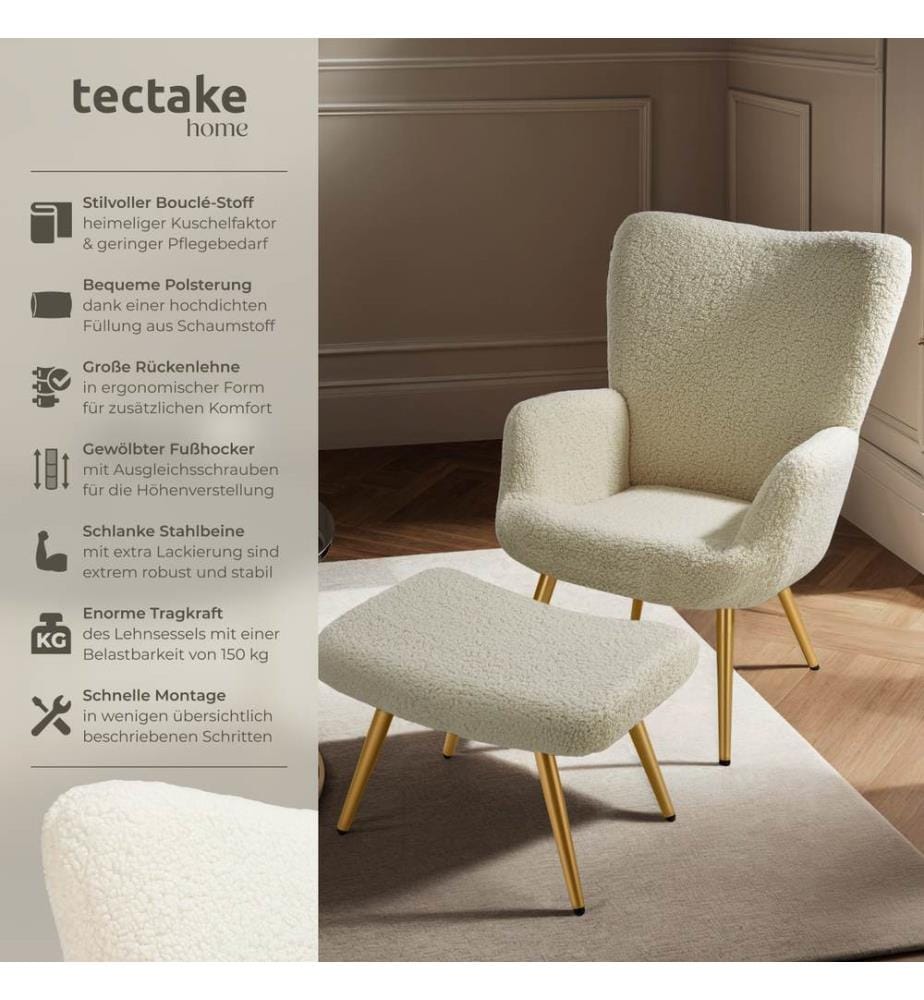 Sessel Hygge gepolstert, ergonomisch, Belastbarkeit 150 kg - mit Hocker, Bouclé cremegold