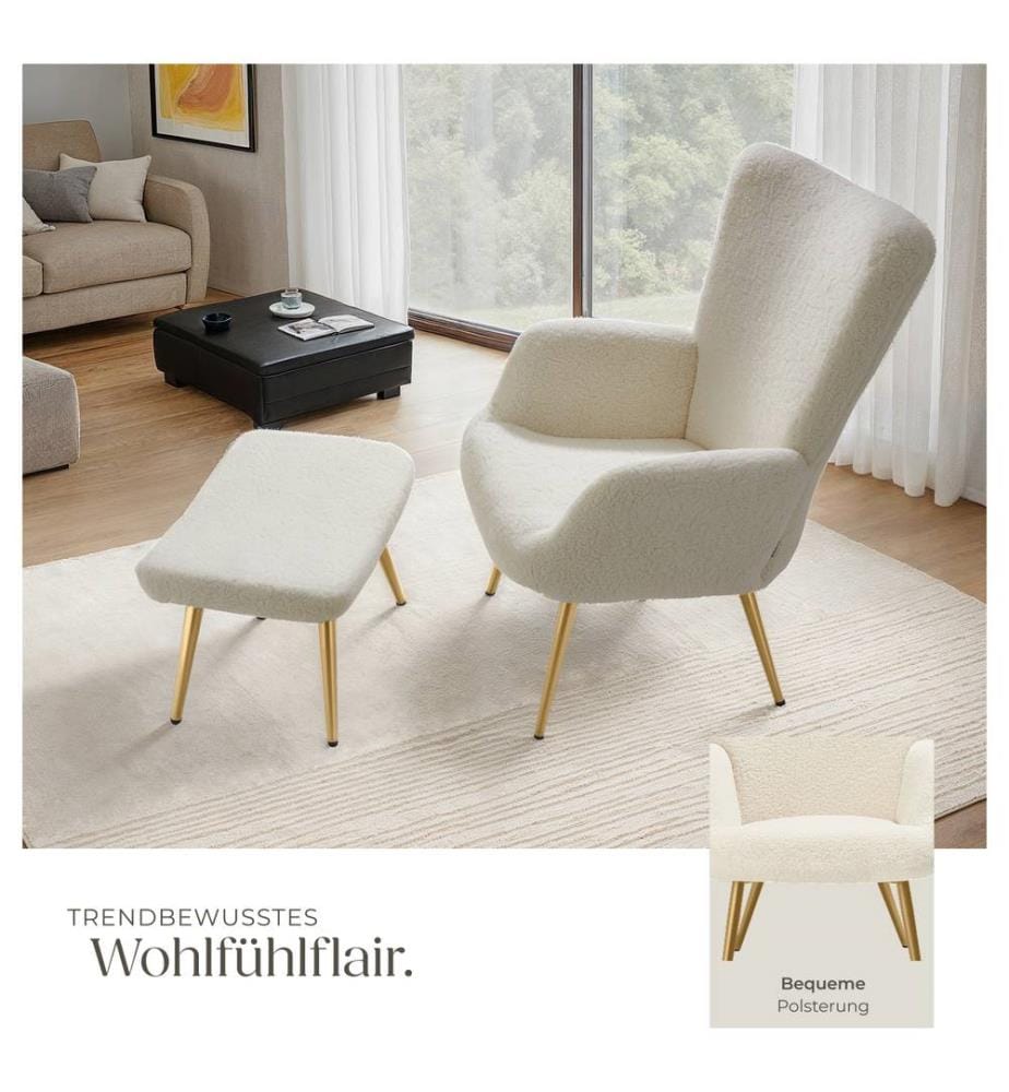 Sessel Hygge gepolstert, ergonomisch, Belastbarkeit 150 kg - mit Hocker, Bouclé cremegold