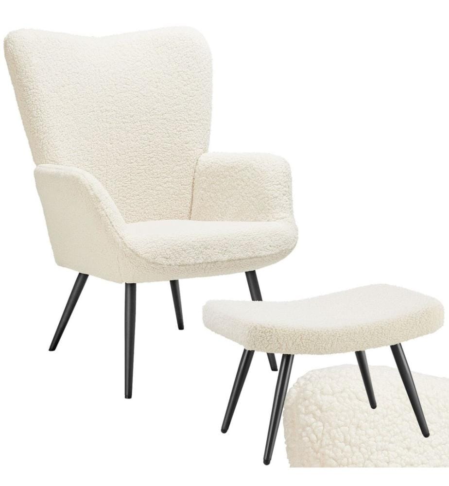 Sessel Hygge gepolstert, ergonomisch, Belastbarkeit 150 kg - mit Hocker, Bouclé cremeschwarz