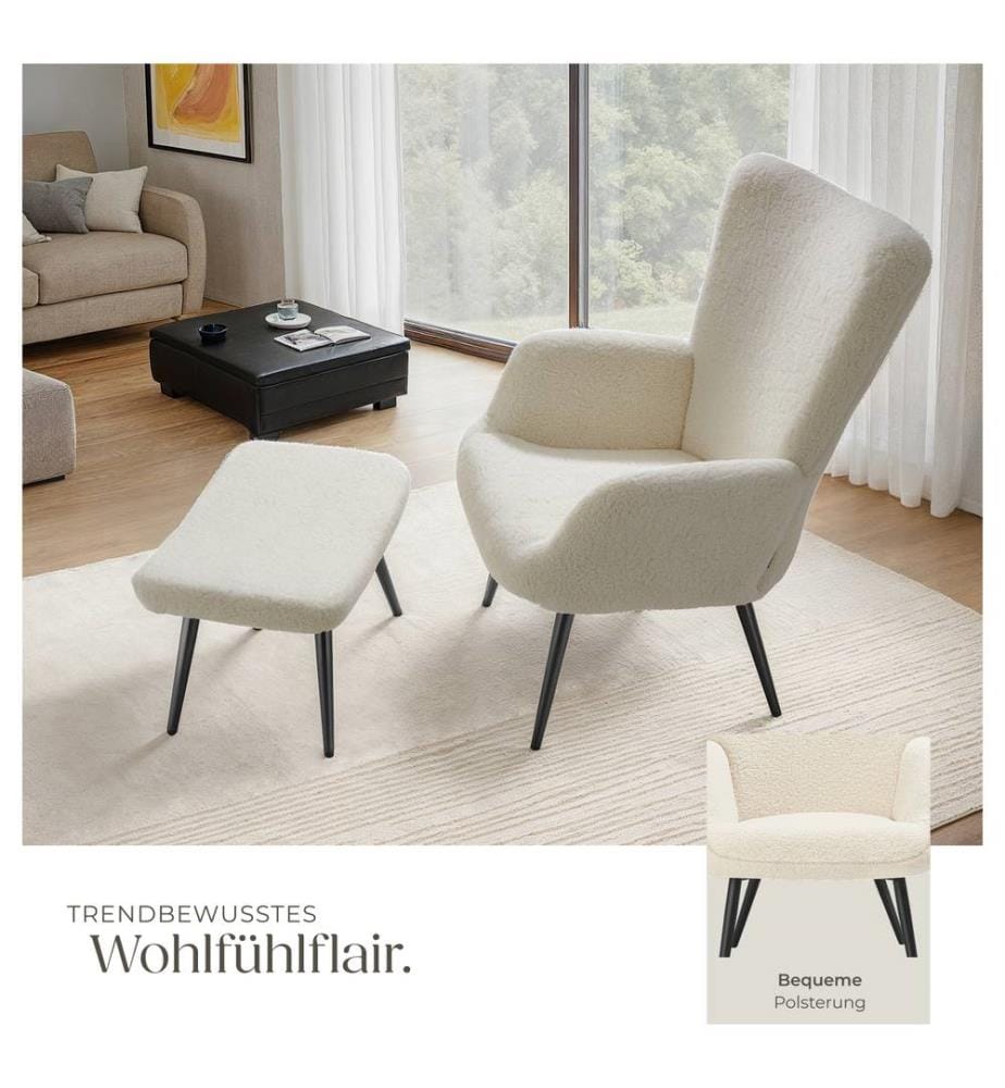 Sessel Hygge gepolstert, ergonomisch, Belastbarkeit 150 kg - mit Hocker, Bouclé cremeschwarz