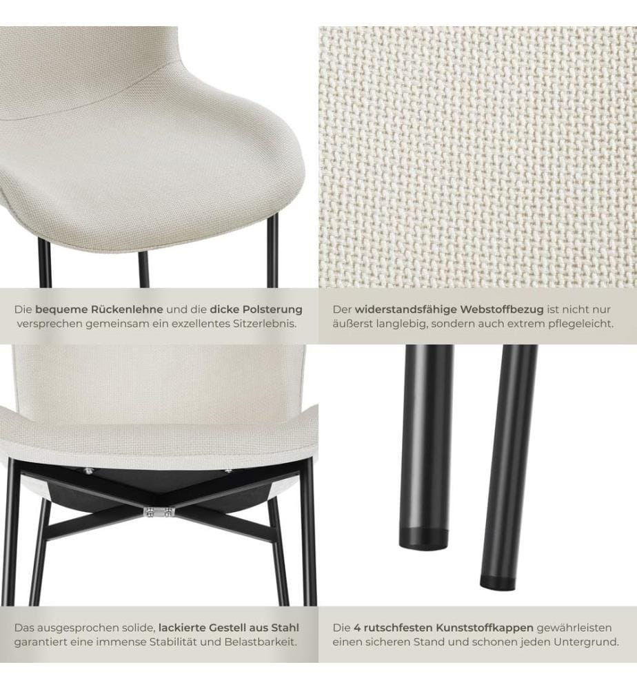 Dining Chair Tessa - ergonomic high backrest, slim steel legs, soft fabric - Woven fabric off-whiteblack, Set of 6