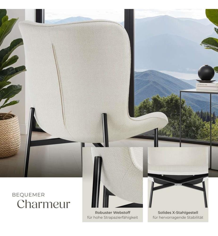 Dining Chair Tessa - ergonomic high backrest, slim steel legs, soft fabric - Woven fabric off-whiteblack, Set of 6