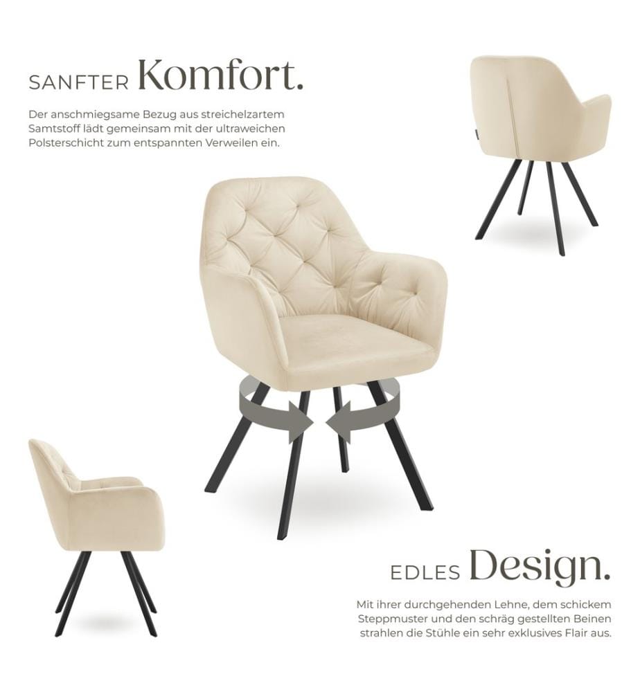 Armchair Lucia - padded, quilted pattern, 180 degree swivel chair - cream, Set of 6