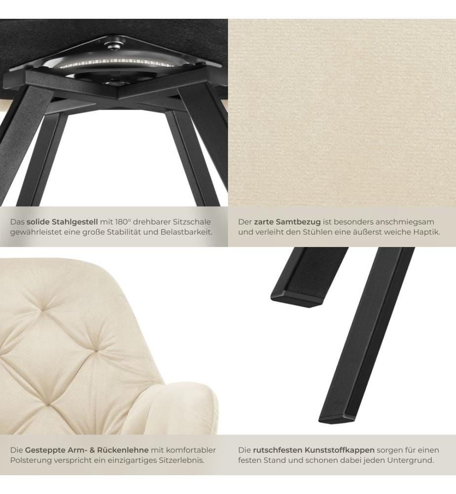 Armchair Lucia - padded, quilted pattern, 180 degree swivel chair - cream, Set of 6