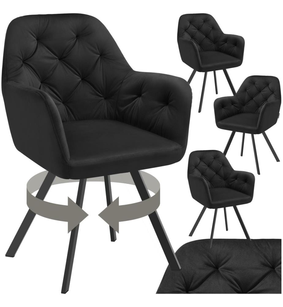 Armchair Lucia - padded, quilted pattern, 180 degree swivel chair - black, Set of 4