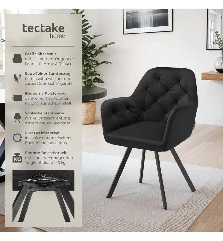 Armchair Lucia - padded, quilted pattern, 180 degree swivel chair - black, Set of 4