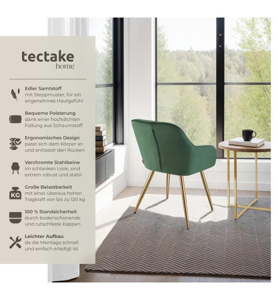 Dining Chair Marilyn - quilted velvet, continuous backrest, gold steel legs - dark greengold, per piece
