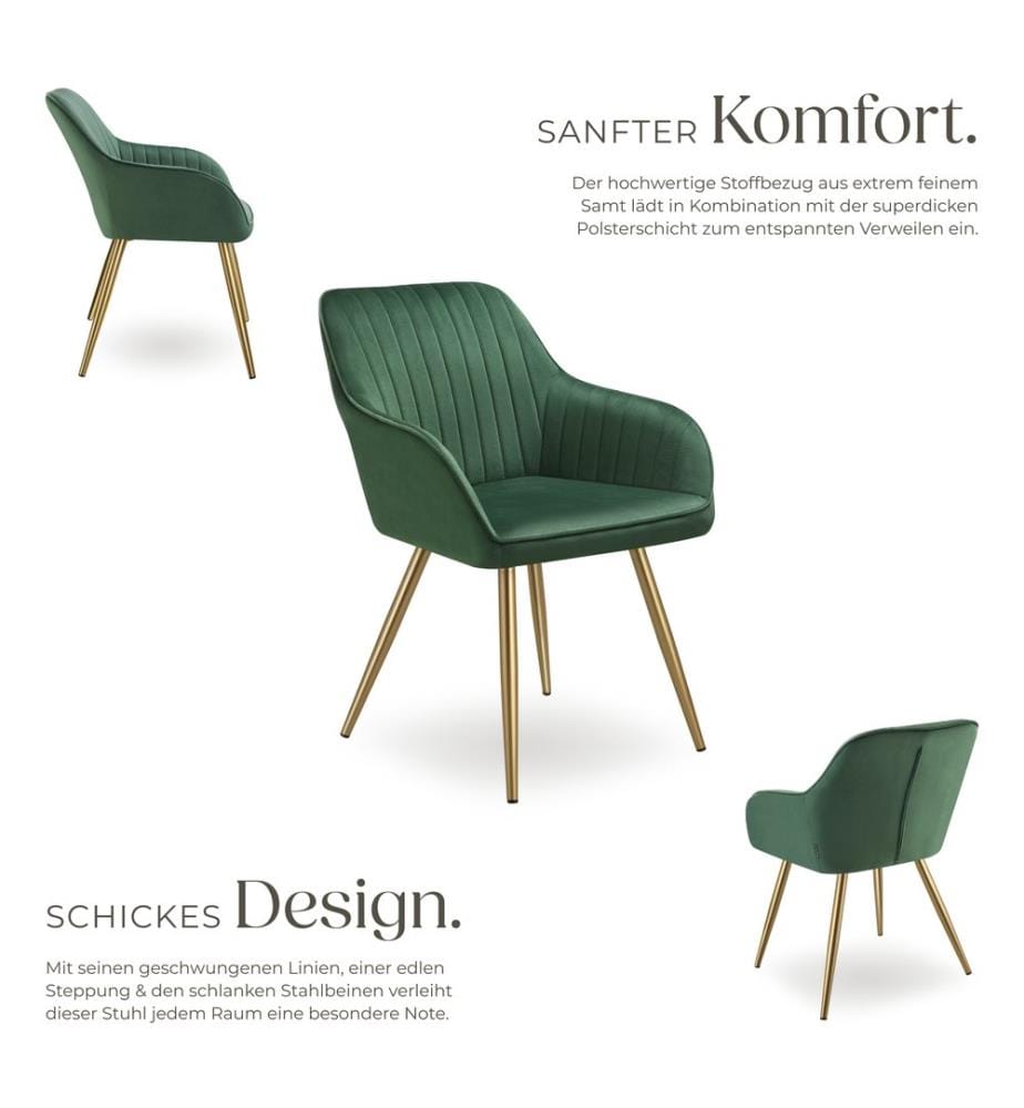 Dining Chair Marilyn - quilted velvet, continuous backrest, gold steel legs - dark greengold, per piece