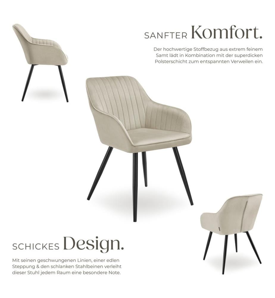 Chair Marilyn - velvet look, quilted, continuous backrest, slim steel legs - creamblack, Set of 6