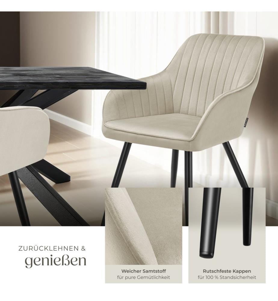 Chair Marilyn - velvet look, quilted, continuous backrest, slim steel legs - creamblack, Set of 6